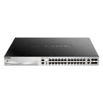 D-LINK Switch 24x1000Mbps(24xPOE) + 2xGigabit + 4xGigabit SFP+ Fémházas, Menedzselhető (370W POE), DGS-3130-30PS/E