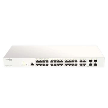 D-LINK Switch 24x1000Mbps(24xPOE) + 4xGigabit kombó Fémházas, Menedzselhető (193W POE) + 1 év Nuclias, DBS-2000-28MP/E