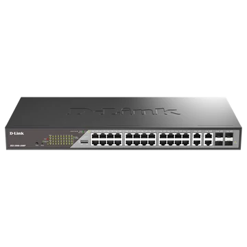 D-LINK Switch 24x1000Mbps(POE) +4xSFP Uplink Fémházas, Surveillance Menedzselhető Rackes 370 Watt POE, DSS-200G-28MP/E
