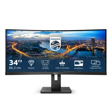PHILIPS Ívelt VA monitor 34&quot; 346B1C, 3440x1440, 21:9, 300cd/m2, 4ms, USB-C/USB-B/4xUSB/HDCP/LAN/DP/HDMI, hangsz.