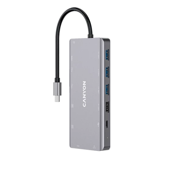 CANYON HUB 13-in-1, USB-C, 3xUSB3.0, 1xUSB2.0, 2xHDMI, VGA, Ethernet, Audio, SD/microSD, szürke - CNS-TDS12