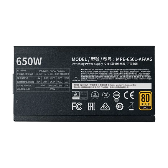 COOLER MASTER Tápegység Moduláris, MWE 650W, 12cm, 80+ Gold V2, Aktív PFC