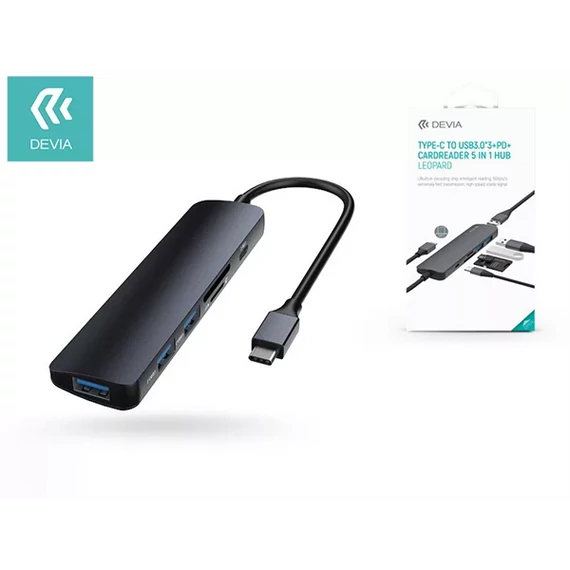 DEVIA USB TYPE-C - 3XUSB 3.0 + PD + KÁRTYAOLVASÓ ELOSZTÓ/ADAPTER - DEVIA LEOPARD5 IN 1 HUB - FEKETE