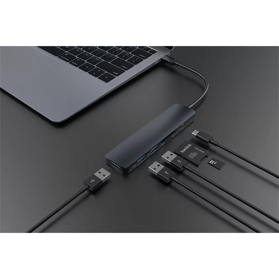 DEVIA USB TYPE-C - 3XUSB 3.0 + PD + KÁRTYAOLVASÓ ELOSZTÓ/ADAPTER - DEVIA LEOPARD5 IN 1 HUB - FEKETE