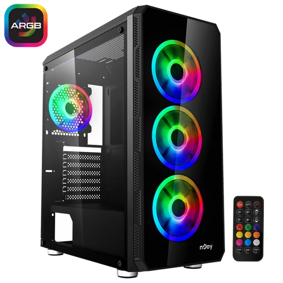 NJOY Ház Midi ATX ARENA Tápegység nélkül, Sync Fan Controller + Remote, USB2.0+3.0 Fekete